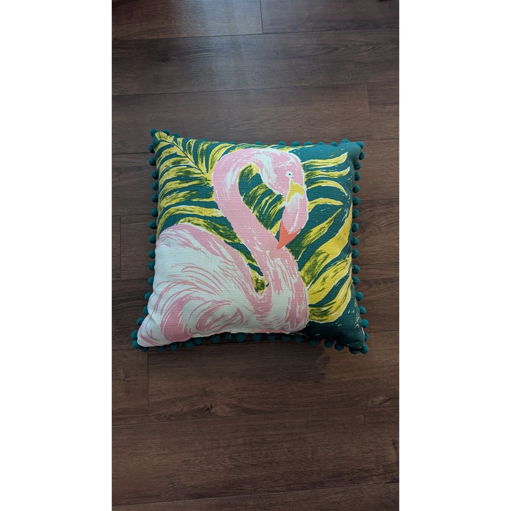 Opal house Tropical Pink Flamingo Palm Pillow Teal Pom Pom Trim Square 18 x 18